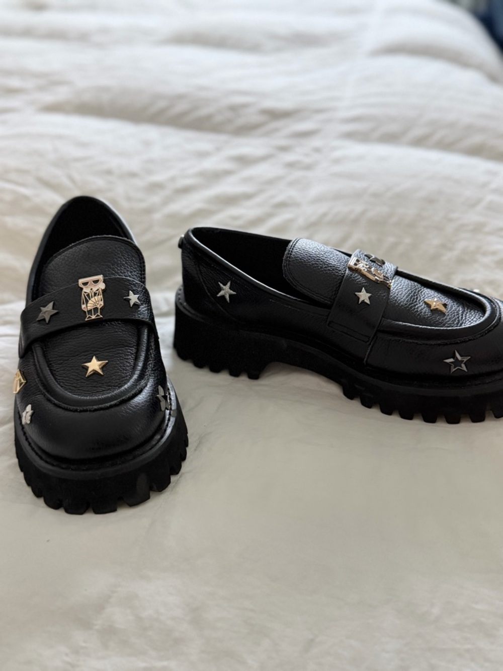 Karl Lagerfeld Black Leather Star-Studded Lug Sole Loafers